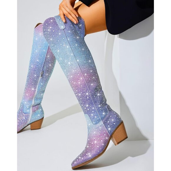 Women Blue&pink Faux Leather Sparkly Bling Rhinestone Over the Knee Cowboy Boots - Picture 5 of 10